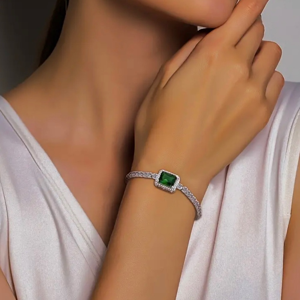 925 Sterling Silver Vintage Luxury Green Stone Bracelet By North Jewelry - Picture 4 of 5